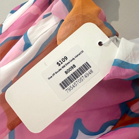 Vivva Off Shoulder Midi Dress, Candy Abstract, Gingham and Heels, Size 10, NWT - Picture 10 of 11